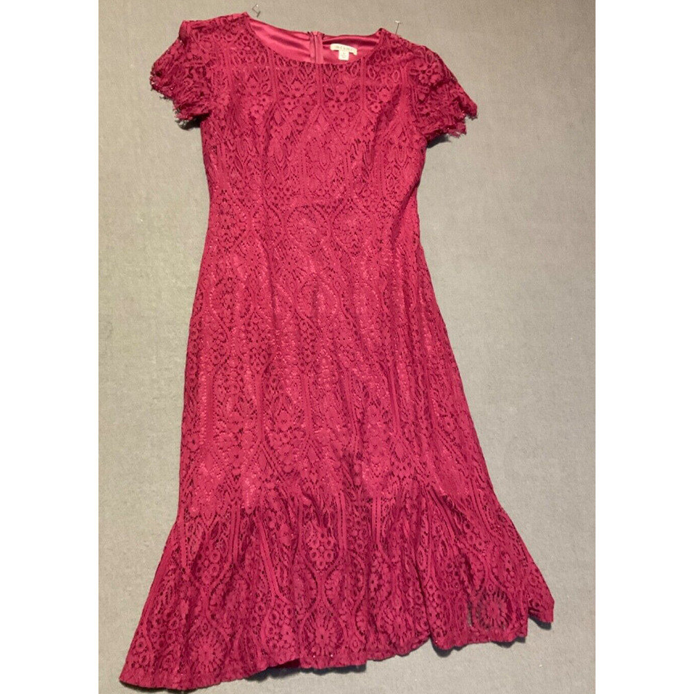Miami Burgundy Romantic Lined Lace Dress‎ M Scallop Sleeve Crochet Design